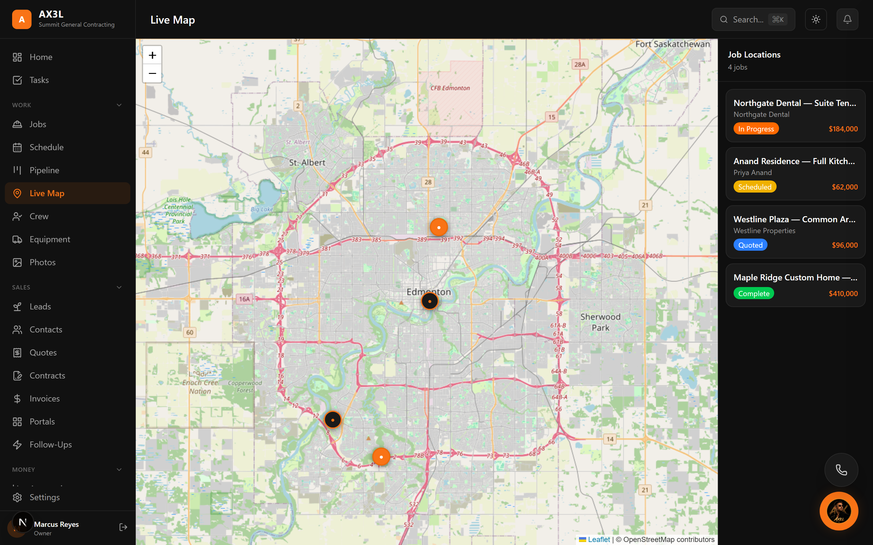 AX3L live map with job pins