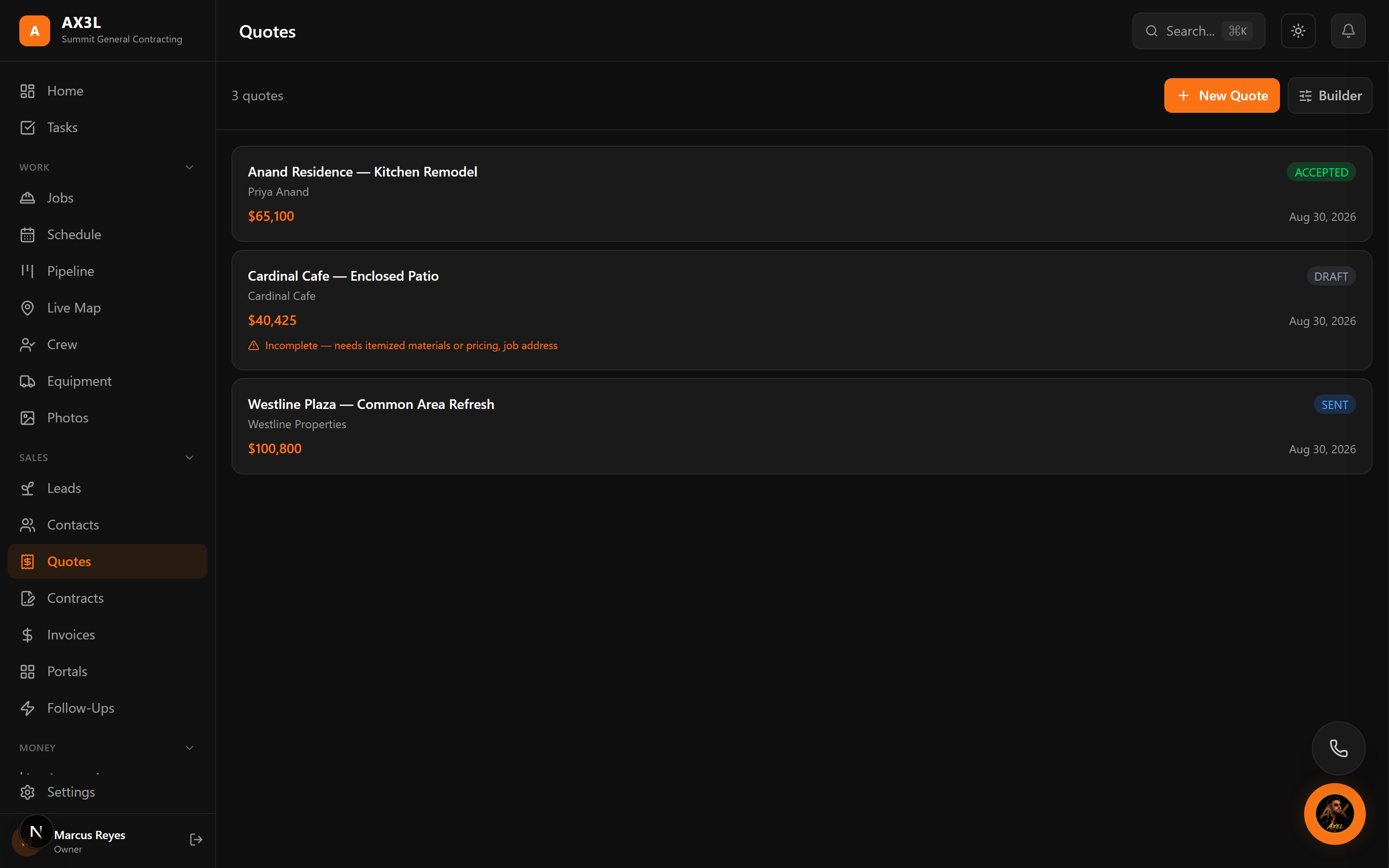 AX3L quotes screen