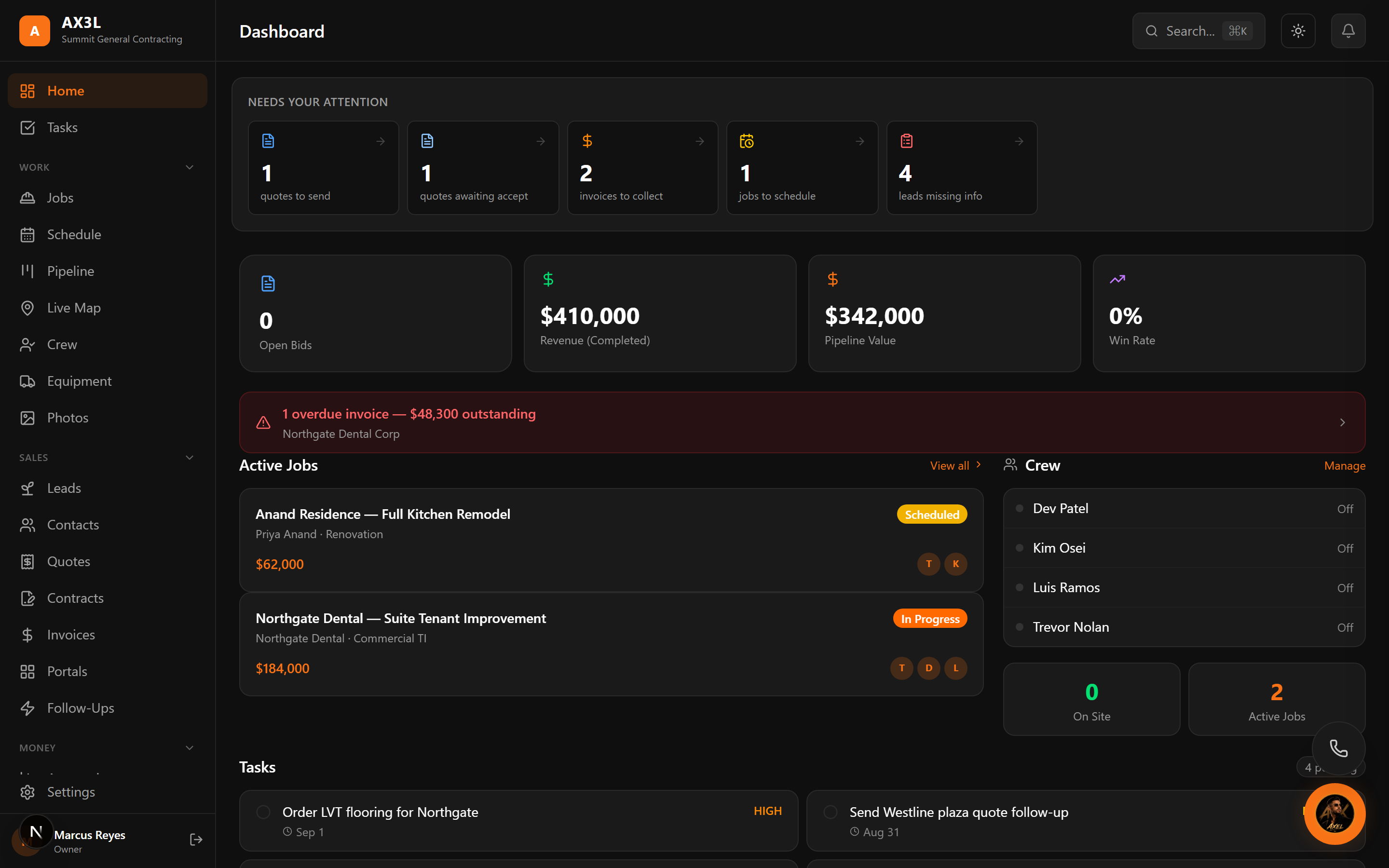 AX3L dashboard running a general contracting business
