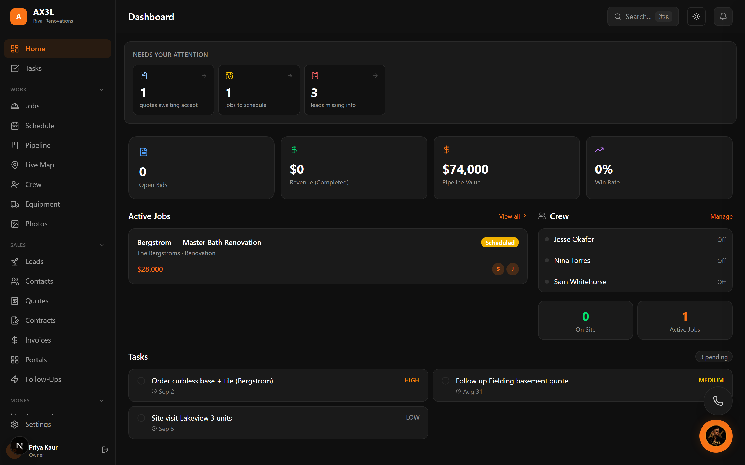 AX3L dashboard running a renovation company